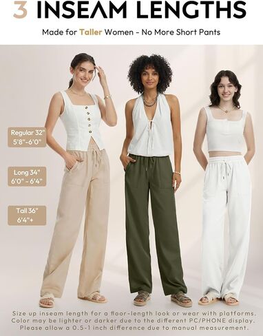 Tall Women 32/34/36 Inseam Linen Pants Wide Leg Casual Palazzo Trousers Summer Beach Lounge Bottoms with Pockets in Saudi Arabia