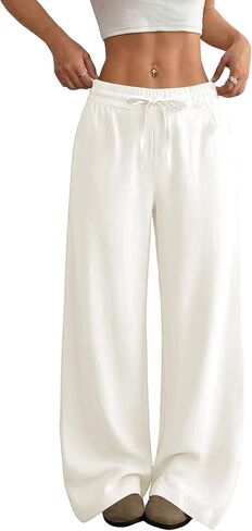 SEMARO Womens Casual Linen Wide Leg Pants Flowy Drawstring High Waist Palazzo Beach Vacation Trousers in Saudi Arabia