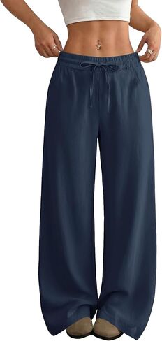 SEMARO Womens Casual Linen Wide Leg Pants Flowy Drawstring High Waist Palazzo Beach Vacation Trousers in Saudi Arabia
