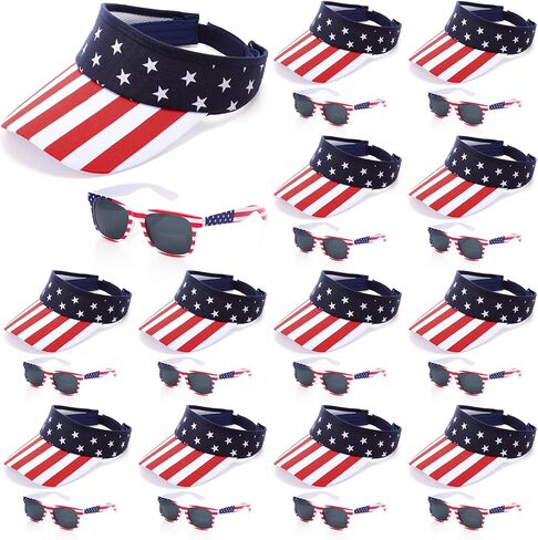 Chicingyou 24 Pcs American Flag Visor Hats and Patriotic Sunglasses Bulk 4th of July Accessories USA Patriotic Visor Red White and Blue Beach Sun Hats for Women Men Independence Day in Kuwait