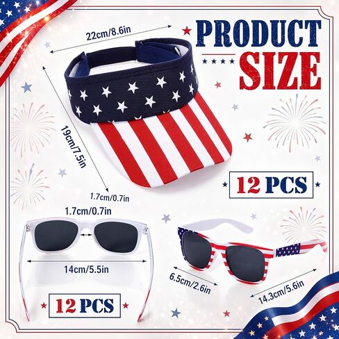 Chicingyou 24 Pcs American Flag Visor Hats and Patriotic Sunglasses Bulk 4th of July Accessories USA Patriotic Visor Red White and Blue Beach Sun Hats for Women Men Independence Day in Kuwait