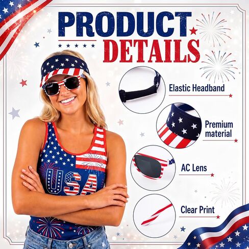 Chicingyou 24 Pcs American Flag Visor Hats and Patriotic Sunglasses Bulk 4th of July Accessories USA Patriotic Visor Red White and Blue Beach Sun Hats for Women Men Independence Day in Kuwait