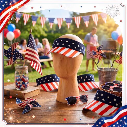 Chicingyou 24 Pcs American Flag Visor Hats and Patriotic Sunglasses Bulk 4th of July Accessories USA Patriotic Visor Red White and Blue Beach Sun Hats for Women Men Independence Day in Kuwait