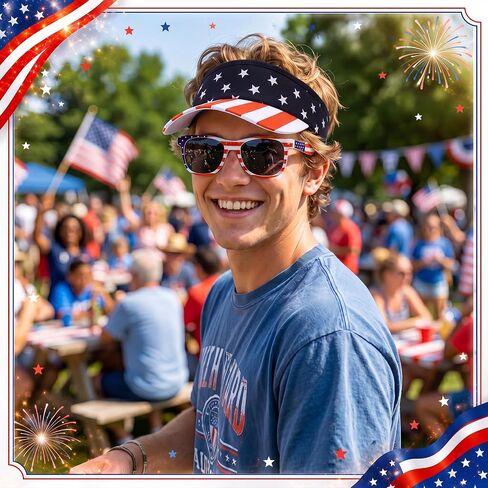 Chicingyou 24 Pcs American Flag Visor Hats and Patriotic Sunglasses Bulk 4th of July Accessories USA Patriotic Visor Red White and Blue Beach Sun Hats for Women Men Independence Day in Kuwait