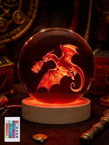 Ammonite Dragon Crystal Ball, 16 Colors Changing with Remote Control, USB Powered LED Wooden Base, 80mm Clear Glass Art for Kids Birthday Gift in Saudi Arabia