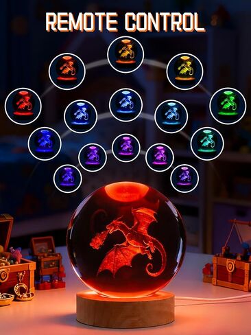 Ammonite Dragon Crystal Ball, 16 Colors Changing with Remote Control, USB Powered LED Wooden Base, 80mm Clear Glass Art for Kids Birthday Gift in Saudi Arabia