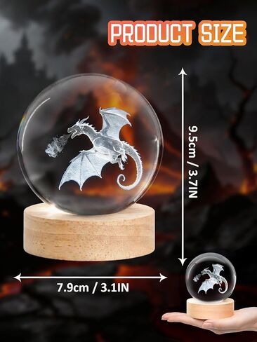 Ammonite Dragon Crystal Ball, 16 Colors Changing with Remote Control, USB Powered LED Wooden Base, 80mm Clear Glass Art for Kids Birthday Gift in Saudi Arabia
