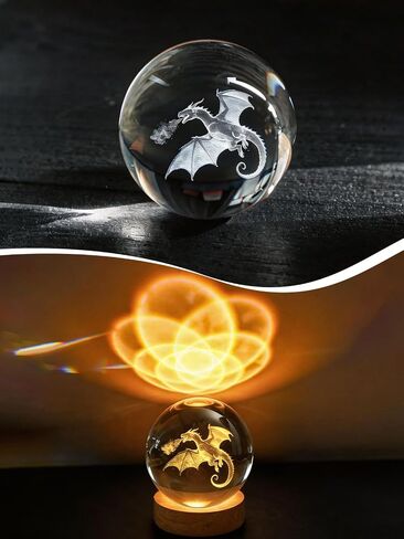 Ammonite Dragon Crystal Ball, 16 Colors Changing with Remote Control, USB Powered LED Wooden Base, 80mm Clear Glass Art for Kids Birthday Gift in Saudi Arabia