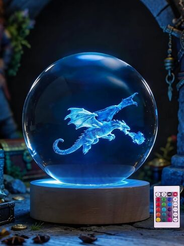 Ammonite Dragon Crystal Ball, 16 Colors Changing with Remote Control, USB Powered LED Wooden Base, 80mm Clear Glass Art for Kids Birthday Gift in Saudi Arabia