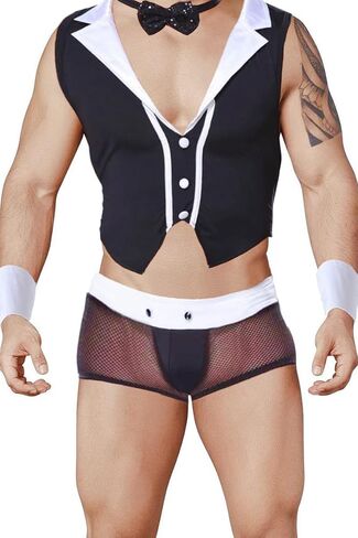 Men's Sexy Maid Butler Cosplay Tuxedo Role Play Costume Set - 4Pcs Lingerie Outfit with Boxer Briefs, G-strings, Tie, and Wristbands - Black, One Size in Saudi Arabia