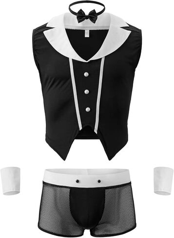 Men's Sexy Maid Butler Cosplay Tuxedo Role Play Costume Set - 4Pcs Lingerie Outfit with Boxer Briefs, G-strings, Tie, and Wristbands - Black, One Size in Saudi Arabia