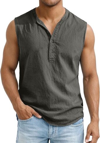 Men's Sleeveless Henley Shirt Cotton Linen Solid Summer Fashion Classic Comfort Button Casual Gym Pullover Vest Top in Kuwait