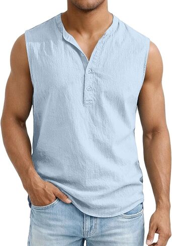 Men's Sleeveless Henley Shirt Cotton Linen Solid Summer Fashion Classic Comfort Button Casual Gym Pullover Vest Top in Kuwait
