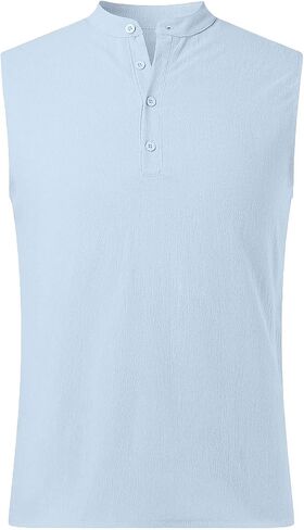 Men's Sleeveless Henley Shirt Cotton Linen Solid Summer Fashion Classic Comfort Button Casual Gym Pullover Vest Top in Kuwait