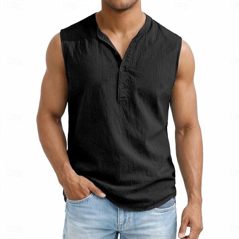 Men's Sleeveless Henley Shirt Cotton Linen Solid Summer Fashion Classic Comfort Button Casual Gym Pullover Vest Top in Kuwait