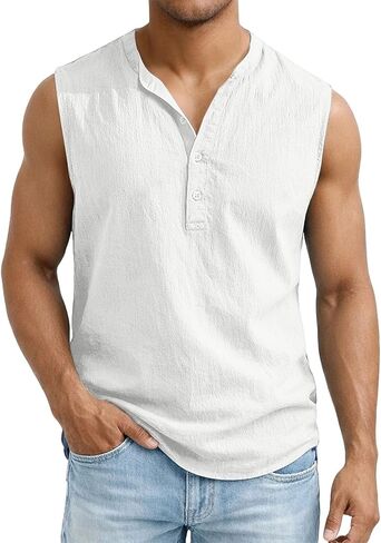 Men's Sleeveless Henley Shirt Cotton Linen Solid Summer Fashion Classic Comfort Button Casual Gym Pullover Vest Top in Kuwait