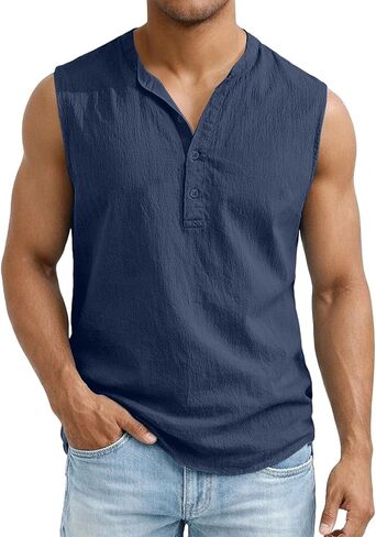 Men's Sleeveless Henley Shirt Cotton Linen Solid Summer Fashion Classic Comfort Button Casual Gym Pullover Vest Top in Kuwait