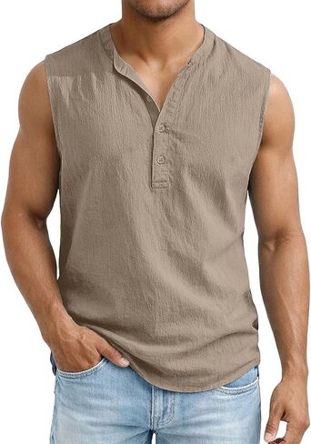 Men's Sleeveless Henley Shirt Cotton Linen Solid Summer Fashion Classic Comfort Button Casual Gym Pullover Vest Top in Kuwait