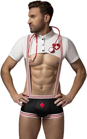 Men's Sexy Nurse Costume Lingerie Set, White and Red, Roleplay Uniform with Shorts and Stethoscope, Nightclub Stage Performance in Saudi Arabia