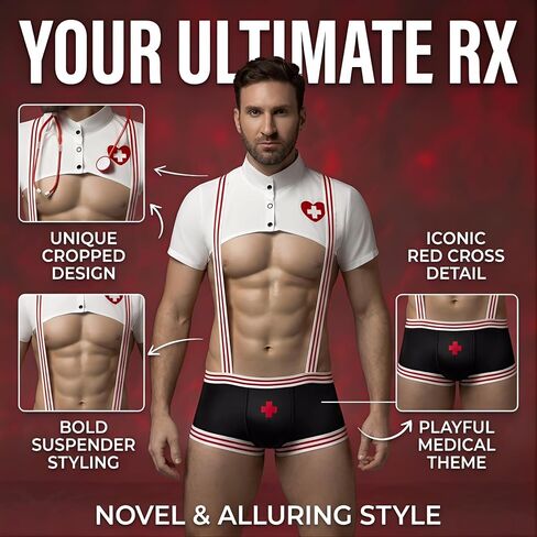 Men's Sexy Nurse Costume Lingerie Set, White and Red, Roleplay Uniform with Shorts and Stethoscope, Nightclub Stage Performance in Saudi Arabia