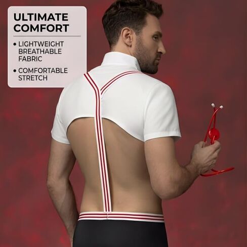Men's Sexy Nurse Costume Lingerie Set, White and Red, Roleplay Uniform with Shorts and Stethoscope, Nightclub Stage Performance in Saudi Arabia