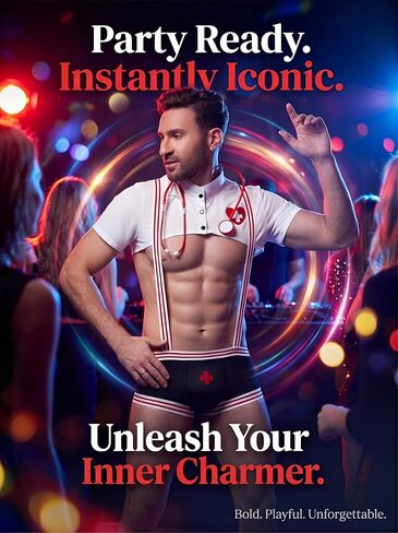 Men's Sexy Nurse Costume Lingerie Set, White and Red, Roleplay Uniform with Shorts and Stethoscope, Nightclub Stage Performance in Saudi Arabia