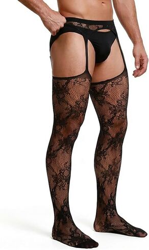 ohyeahlady Men's Sexy Pantyhose Fishnet Sissy Lingerie - Plus size Floral Lace Thigh High Stockings with Suspender XS-5XL in Kuwait