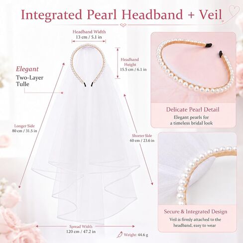 Pearl Headband with Veil for Bride, White Bridal Veil Headband, Bachelorette Party Headpiece, Bridal Shower Gift, Bride to Be Accessories in Saudi Arabia
