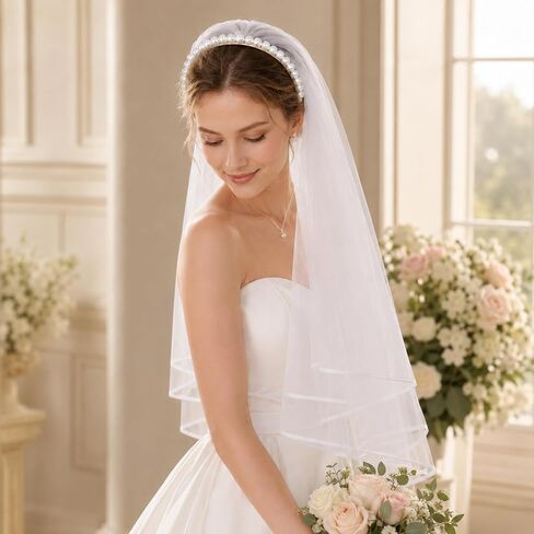 Pearl Headband with Veil for Bride, White Bridal Veil Headband, Bachelorette Party Headpiece, Bridal Shower Gift, Bride to Be Accessories in Saudi Arabia