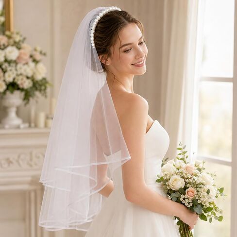 Pearl Headband with Veil for Bride, White Bridal Veil Headband, Bachelorette Party Headpiece, Bridal Shower Gift, Bride to Be Accessories in Saudi Arabia