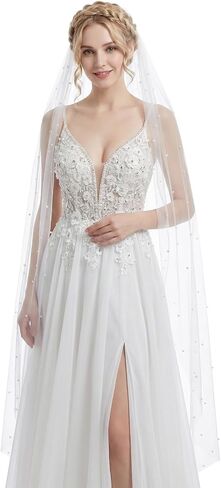 Wedding Veil Pearls and Crystals Beaded Edge Fingertip Length Bridal Veil for Wedding Party photography Fashion Show in Saudi Arabia