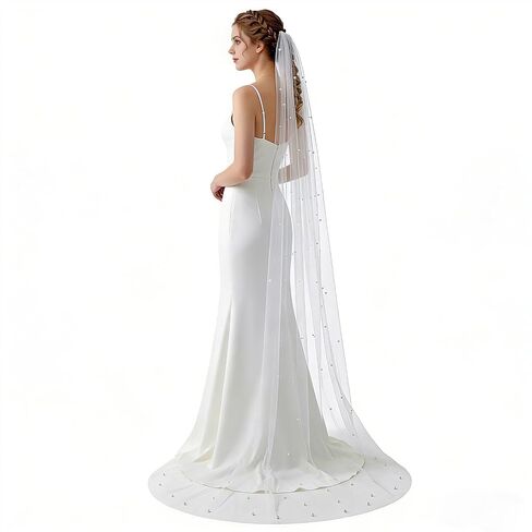 Wedding Veil Pearls and Crystals Beaded Edge Fingertip Length Bridal Veil for Wedding Party photography Fashion Show in Saudi Arabia