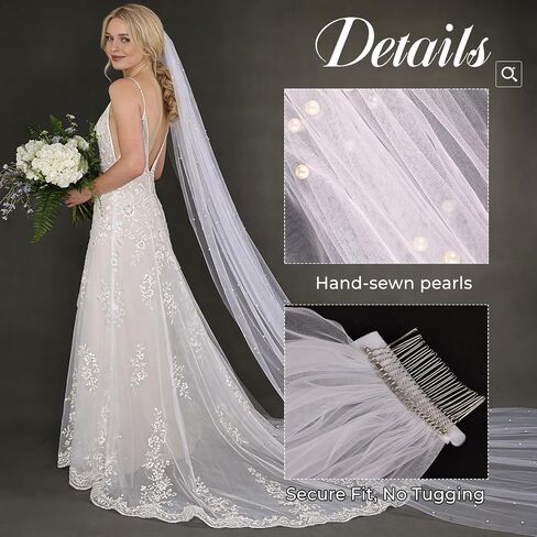 Wedding Veil Pearls and Crystals Beaded Edge Fingertip Length Bridal Veil for Wedding Party photography Fashion Show in Saudi Arabia