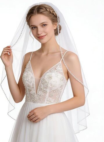 Wedding Veil Pearls and Crystals Beaded Edge Fingertip Length Bridal Veil for Wedding Party photography Fashion Show in Saudi Arabia