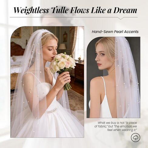 Wedding Veil Pearls and Crystals Beaded Edge Fingertip Length Bridal Veil for Wedding Party photography Fashion Show in Saudi Arabia