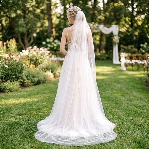 Wedding Veil Pearls and Crystals Beaded Edge Fingertip Length Bridal Veil for Wedding Party photography Fashion Show in Saudi Arabia