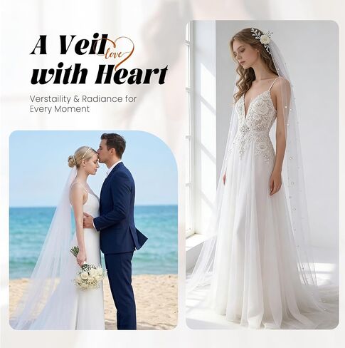 Wedding Veil Pearls and Crystals Beaded Edge Fingertip Length Bridal Veil for Wedding Party photography Fashion Show in Saudi Arabia