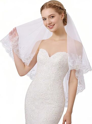 Wedding Veil Pearls and Crystals Beaded Edge Fingertip Length Bridal Veil for Wedding Party photography Fashion Show in Saudi Arabia