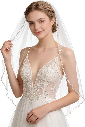 Wedding Veil Pearls and Crystals Beaded Edge Fingertip Length Bridal Veil for Wedding Party photography Fashion Show in Saudi Arabia