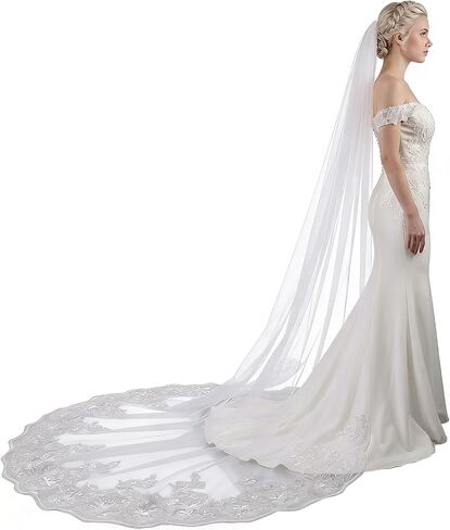 Wedding Veil Pearls and Crystals Beaded Edge Fingertip Length Bridal Veil for Wedding Party photography Fashion Show in Saudi Arabia