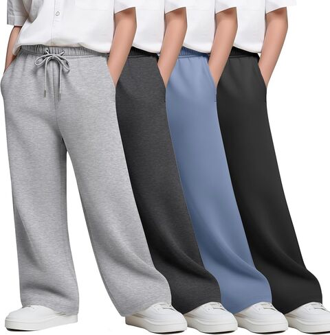 4 Pack Boy's Wide Leg Sweatpants Kids Athletic Open Bottom Pants Drawstring Elastic Waist Joggers with Pockets in Kuwait