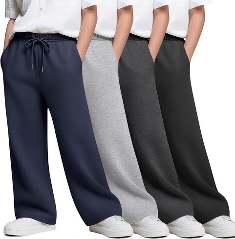 4 Pack Boy's Wide Leg Sweatpants Kids Athletic Open Bottom Pants Drawstring Elastic Waist Joggers with Pockets in Saudi Arabia
