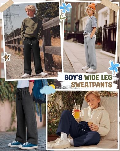 4 Pack Boy's Wide Leg Sweatpants Kids Athletic Open Bottom Pants Drawstring Elastic Waist Joggers with Pockets in Saudi Arabia