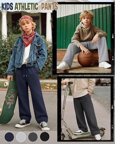 4 Pack Boy's Wide Leg Sweatpants Kids Athletic Open Bottom Pants Drawstring Elastic Waist Joggers with Pockets in Saudi Arabia