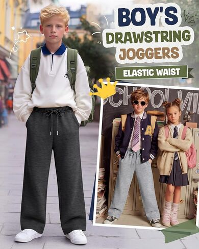 4 Pack Boy's Wide Leg Sweatpants Kids Athletic Open Bottom Pants Drawstring Elastic Waist Joggers with Pockets in Saudi Arabia