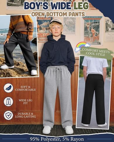4 Pack Boy's Wide Leg Sweatpants Kids Athletic Open Bottom Pants Drawstring Elastic Waist Joggers with Pockets in Saudi Arabia
