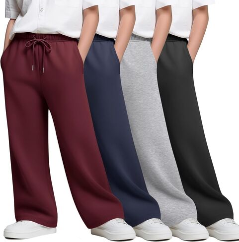 4 Pack Boy's Wide Leg Sweatpants Kids Athletic Open Bottom Pants Drawstring Elastic Waist Joggers with Pockets in Saudi Arabia