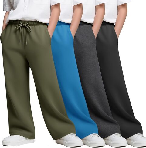 4 Pack Boy's Wide Leg Sweatpants Kids Athletic Open Bottom Pants Drawstring Elastic Waist Joggers with Pockets in Saudi Arabia