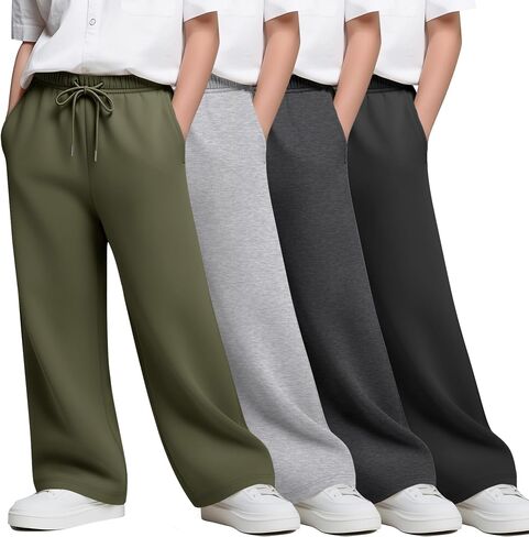 4 Pack Boy's Wide Leg Sweatpants Kids Athletic Open Bottom Pants Drawstring Elastic Waist Joggers with Pockets in Saudi Arabia