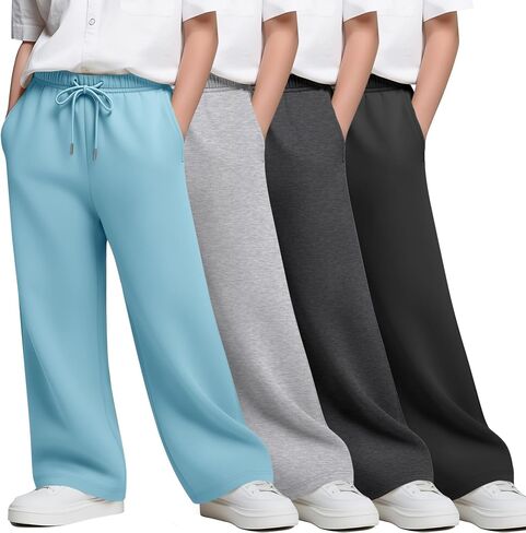 4 Pack Boy's Wide Leg Sweatpants Kids Athletic Open Bottom Pants Drawstring Elastic Waist Joggers with Pockets in Saudi Arabia